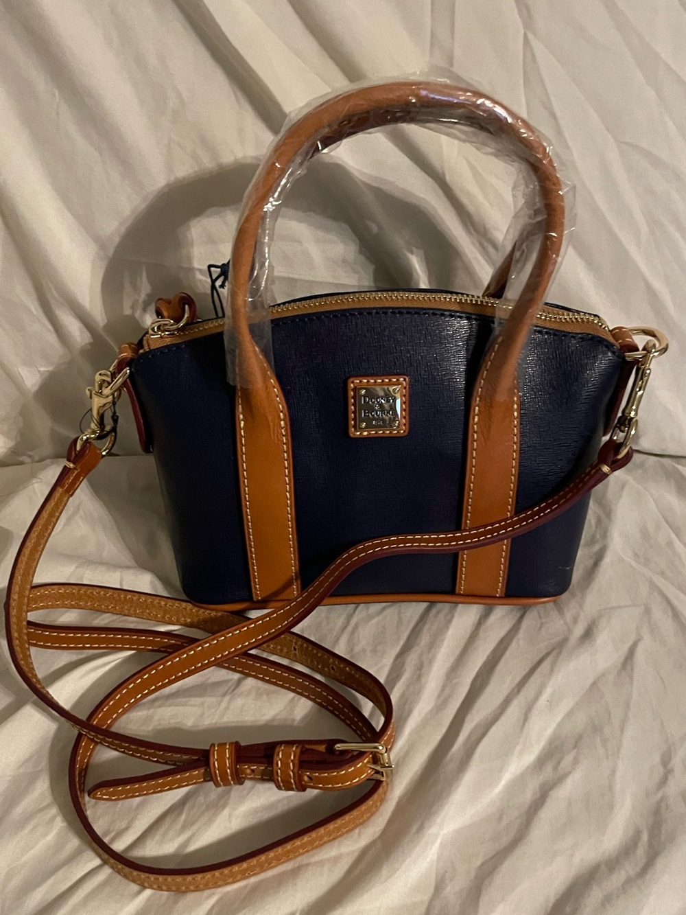 Dooney & Bourke Small Madeline Satchel Navy with Tan Trim Mini Crossbody